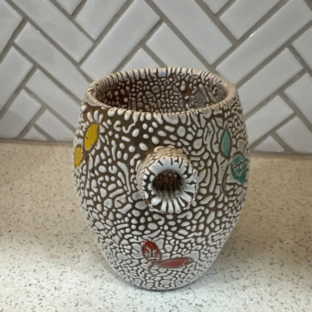 Vintage Italian Pottery  Small Pitcher Pebble Lava Glaze Hand Painted